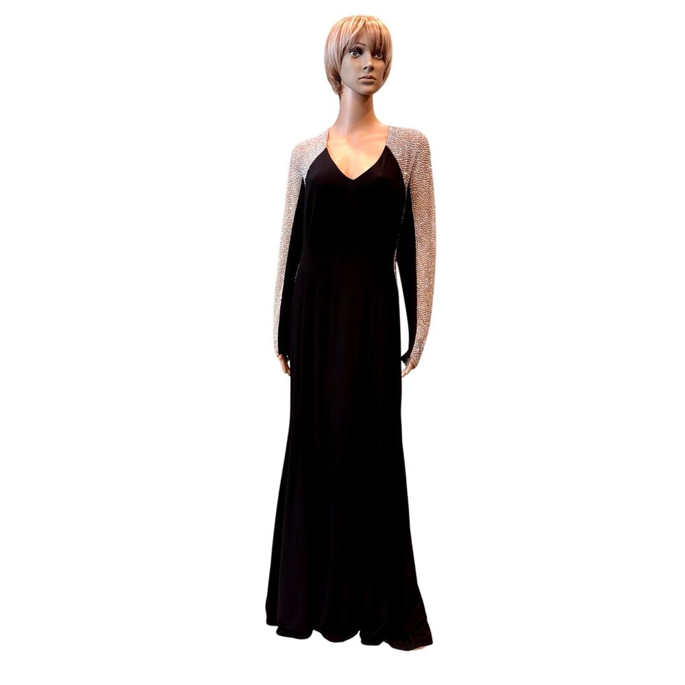 Xscape Black Gown & Illusion Nude with Silver Beaded Sleeves – Size 18W - USA